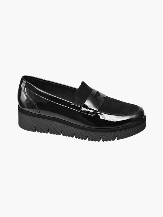 Ladies Black Patent Chunky Slip On Loafers