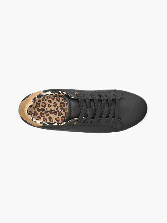 Black Lace Up Casual Trainers with Leopard Lining