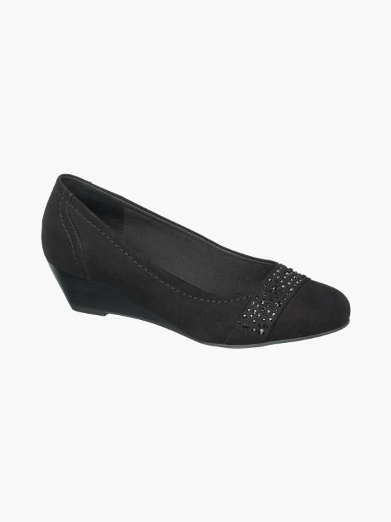 Black Wedge Court Shoes with Embellishment