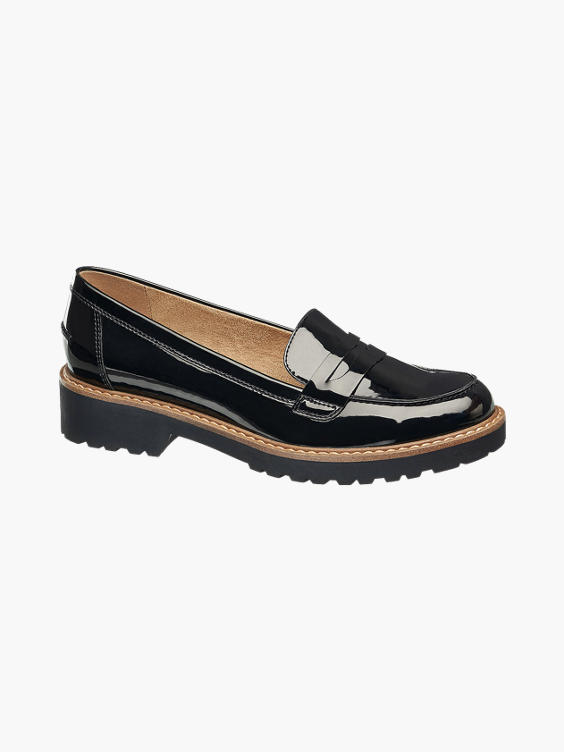 Ladies Black Chunky Patent Loafers