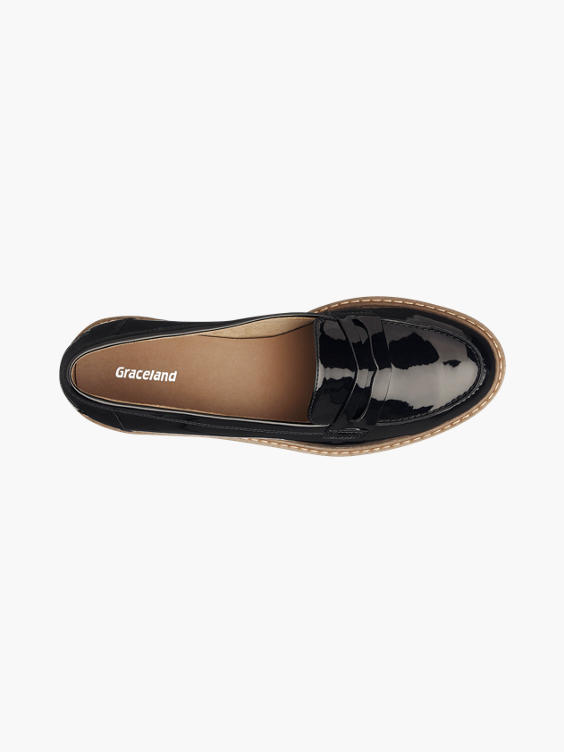 Ladies Black Chunky Patent Loafers