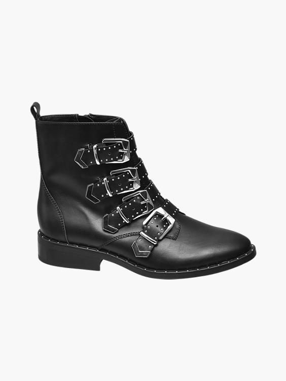 Black Buckle and Stud Detail Ankle Boot
