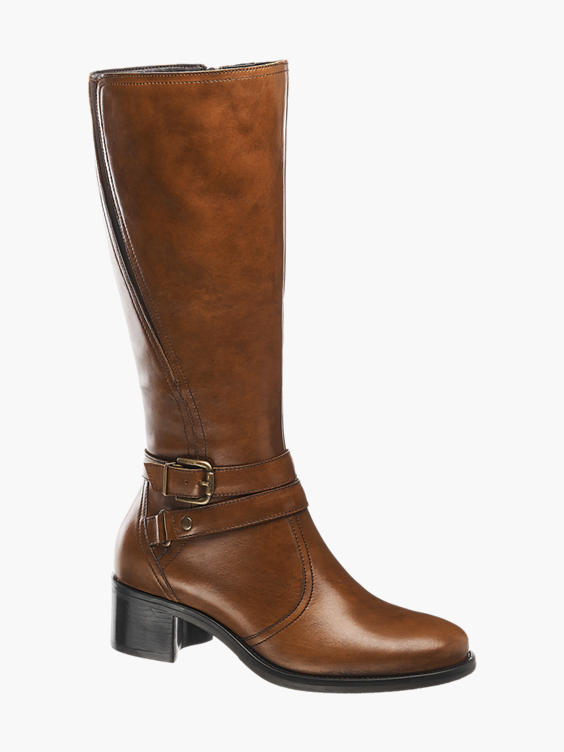 5th Avenue) Leather Block Heel Long Leg Boots in Cognac DEICHMANN