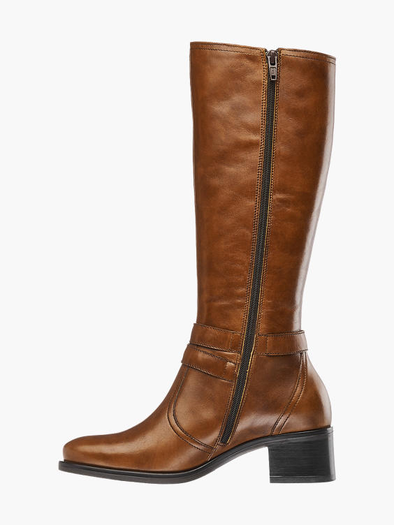 5th Avenue) Tan Leather Block Heel Long Leg Boots in Cognac | DEICHMANN