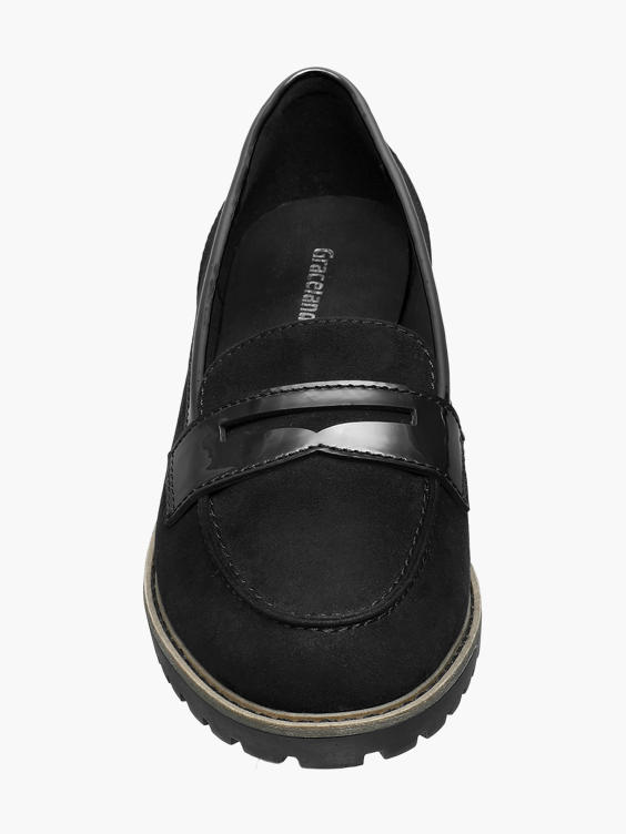 Ladies Black Patent Detail Slip-on Loafers