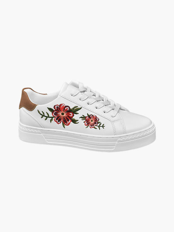 Ladies White Embroidered Lace-up Trainers