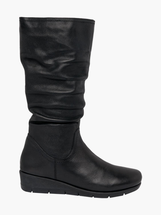 Black Leather Wedge Heel Long Leg Boots