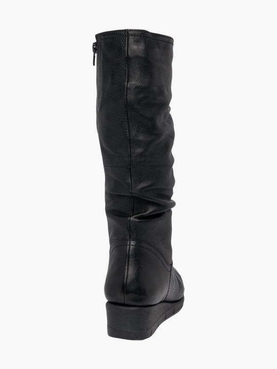 Black Leather Wedge Heel Long Leg Boots