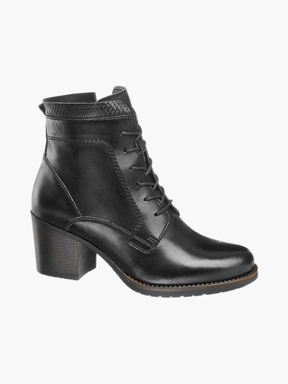 Black Leather Heeled Lace Up Ankle Boots