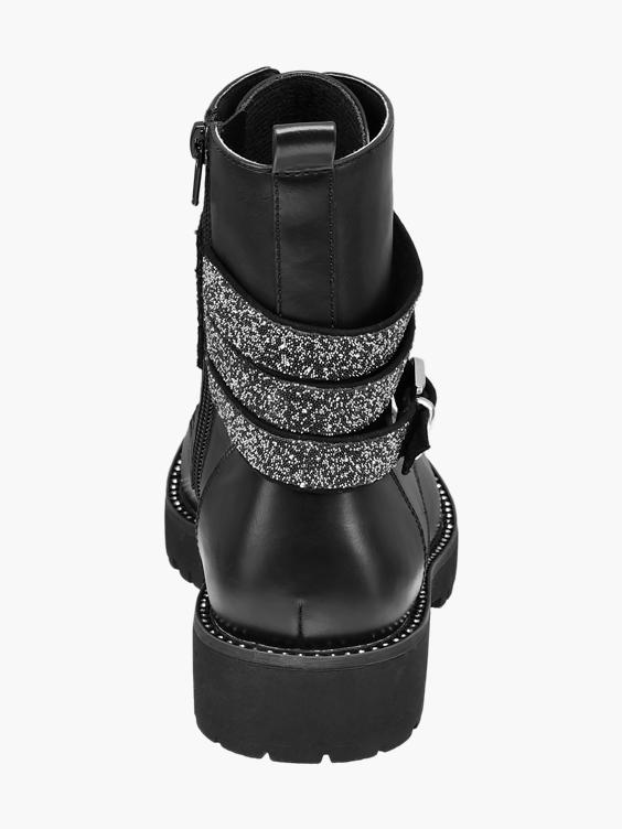 Black Glitter Detail Biker Boots