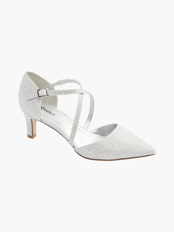 Silver Glitter Pointed Toe Cross Over Strap Heel