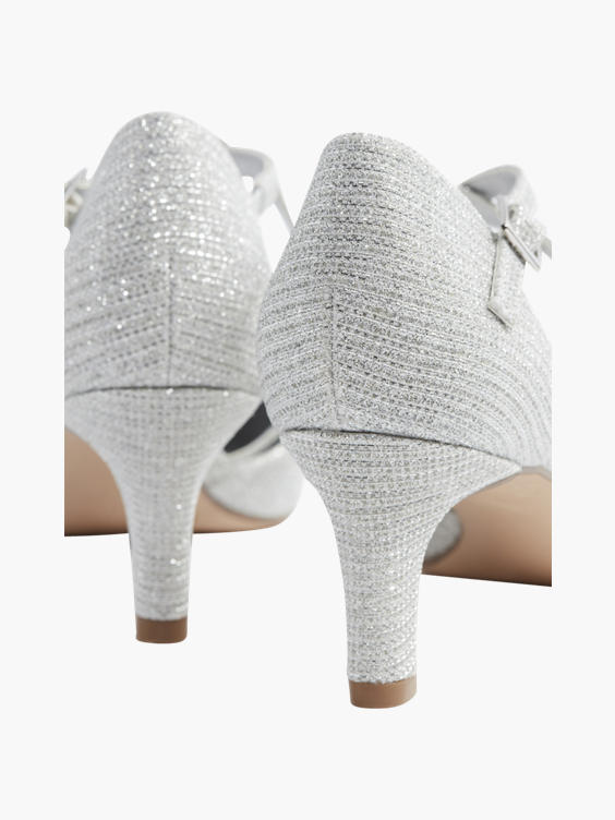 Silver Glitter Pointed Toe Cross Over Strap Heel