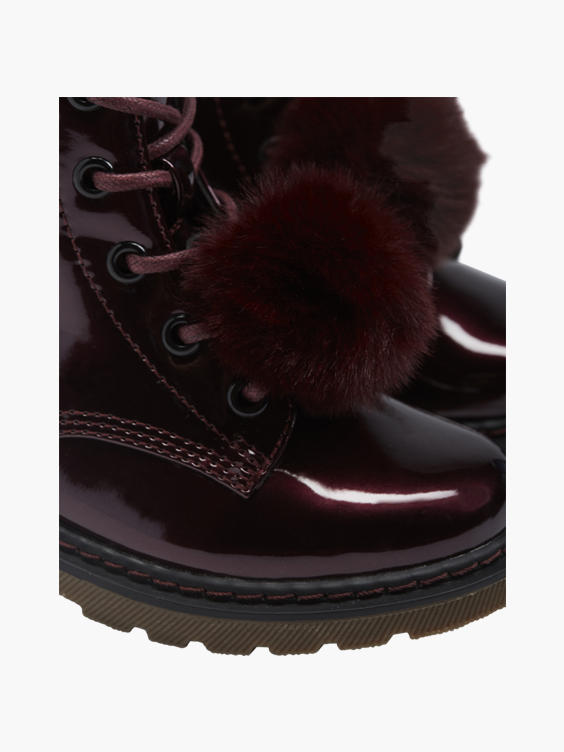 Toddler Girl Patent Faux Fur Pom Pom Detail Lace-up Ankle Boots