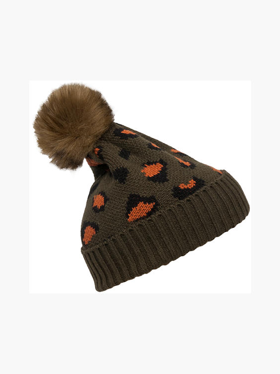 Khaki Leopard Print Bobble Hat