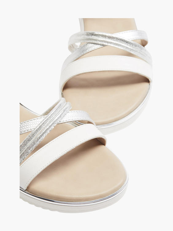 White Flat Sandal with Silver Strap Details