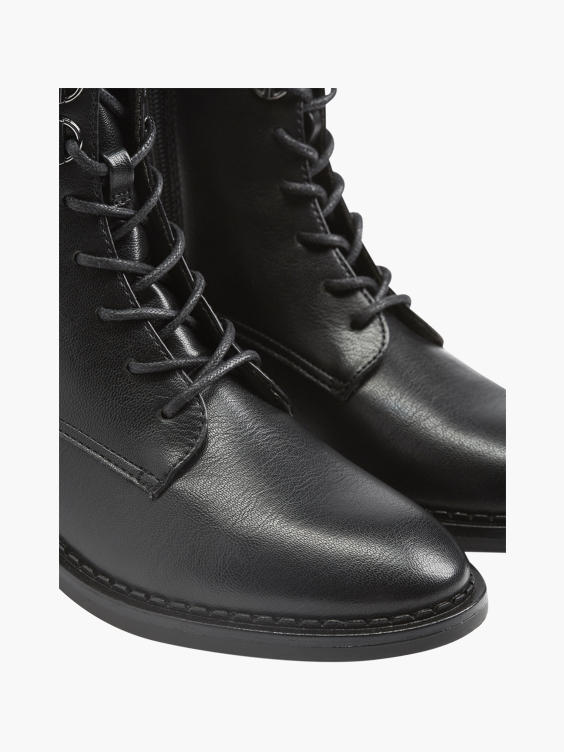 Black Lace Up Ring Detail Ankle Boot