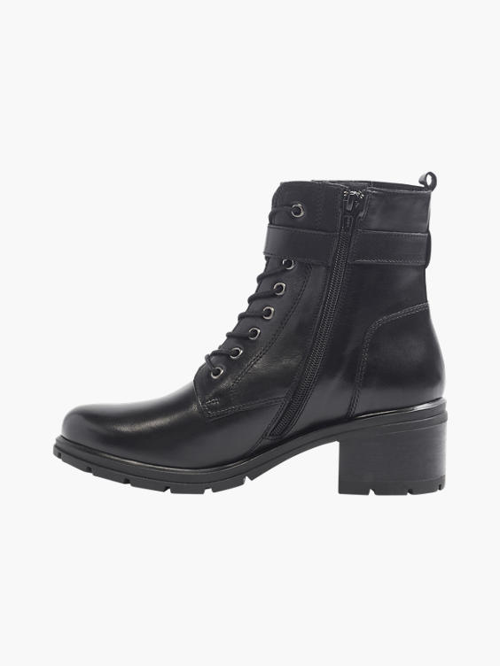 Black Leather Lace Up Fleeced Heeled Ankle Boot