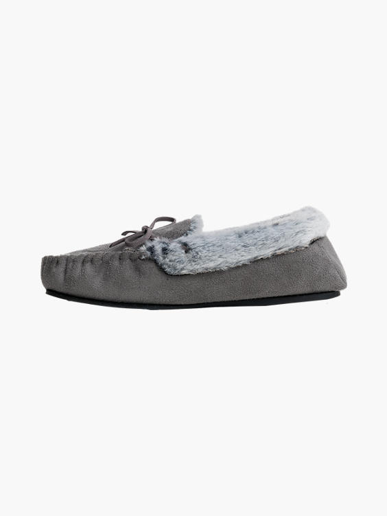 Ladies Grey Moccasin Slippers 
