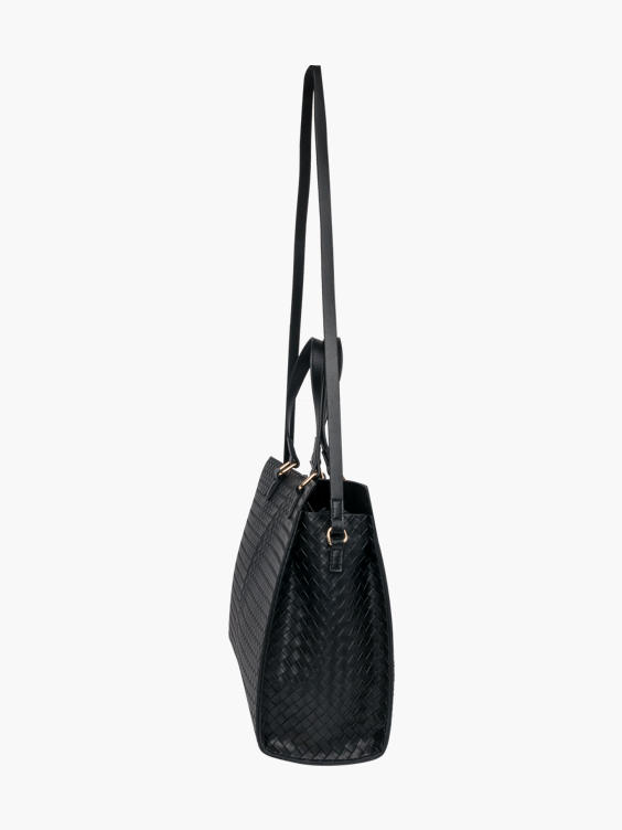 black woven handbag