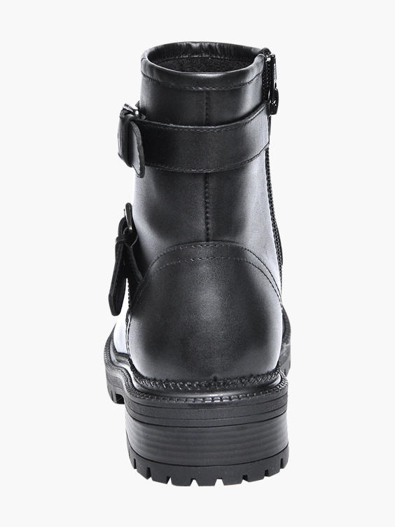 Black Double Buckle Leather Ankle Boot
