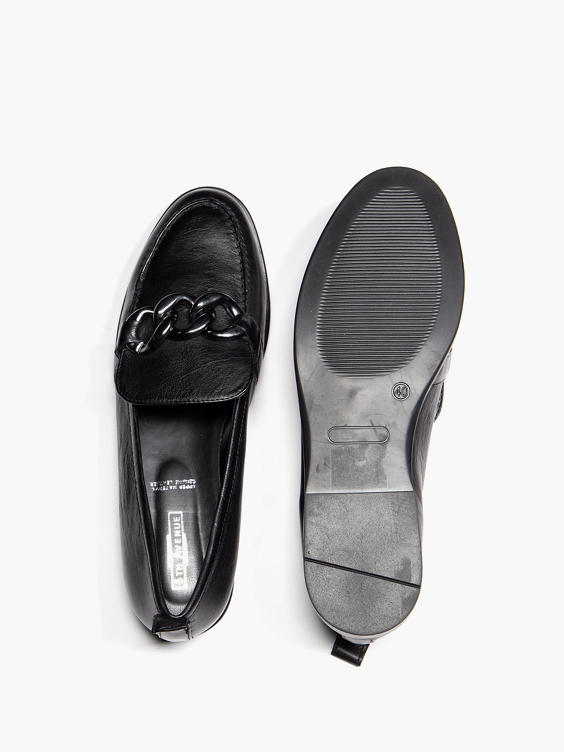(5th Avenue) Black Leather Flat Loafer with Chain Detail in Black ...