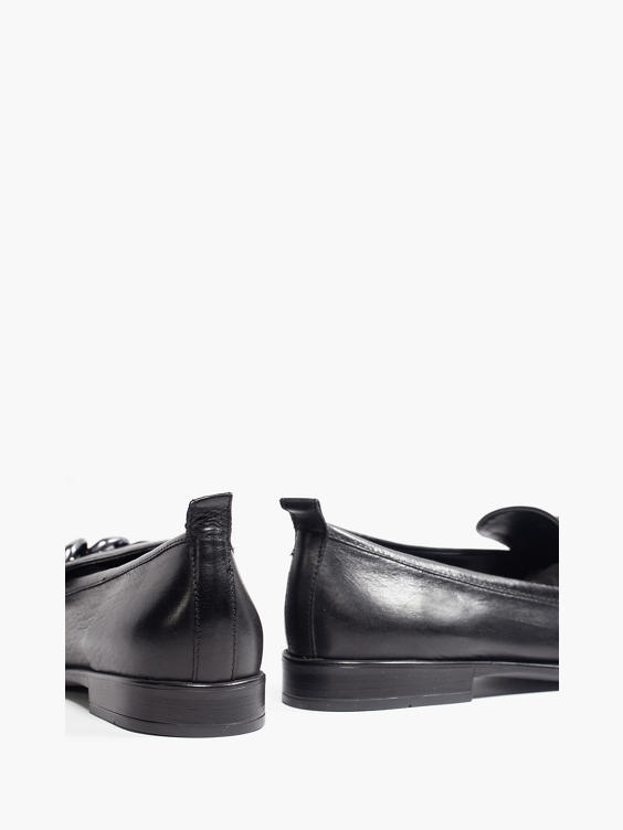 Black Leather Flat Loafer with Chain Detail