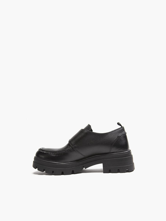 Black Leather Chunky Loafer With Buckle Detail