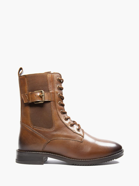 Brown Leather Lace Up Buckle Detailed Ankle Boot