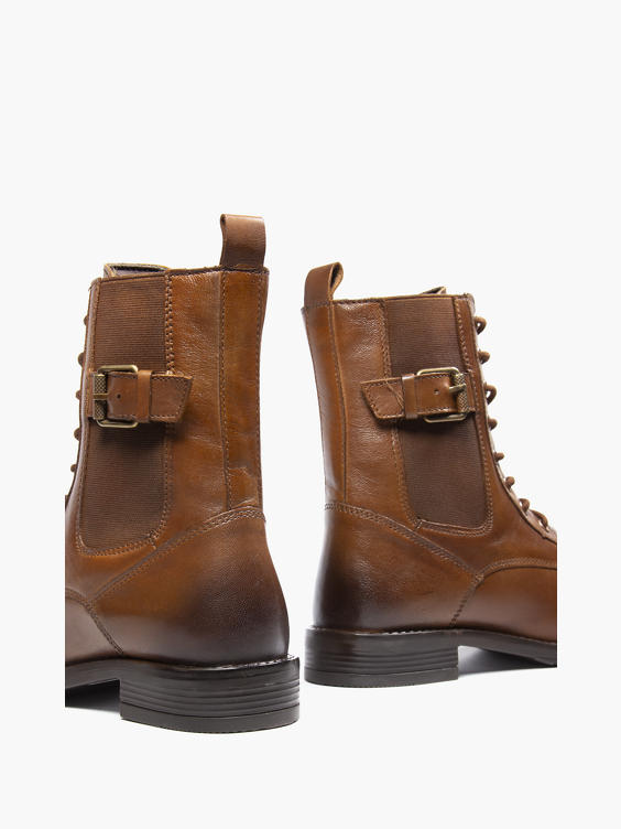 Brown Leather Lace Up Buckle Detailed Ankle Boot