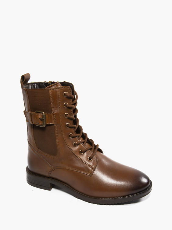 Brown Leather Lace Up Buckle Detailed Ankle Boot