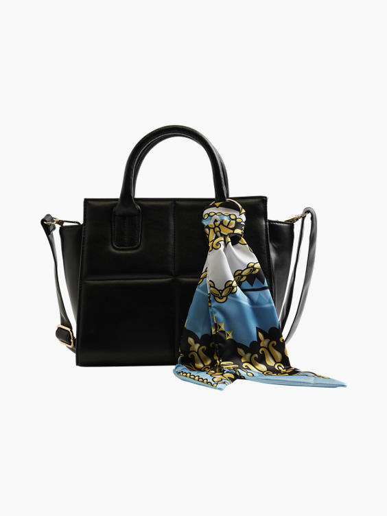 Black Mini Tote Bag with Shoulder Strap and Scarf Detail