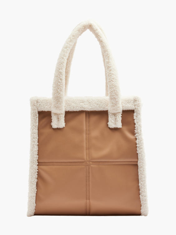 Brown Quilted Tote Bag with Faux Fur Lining 