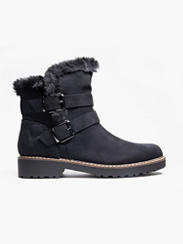 Black Fur Lined Ankle Boot with Buckle Detail