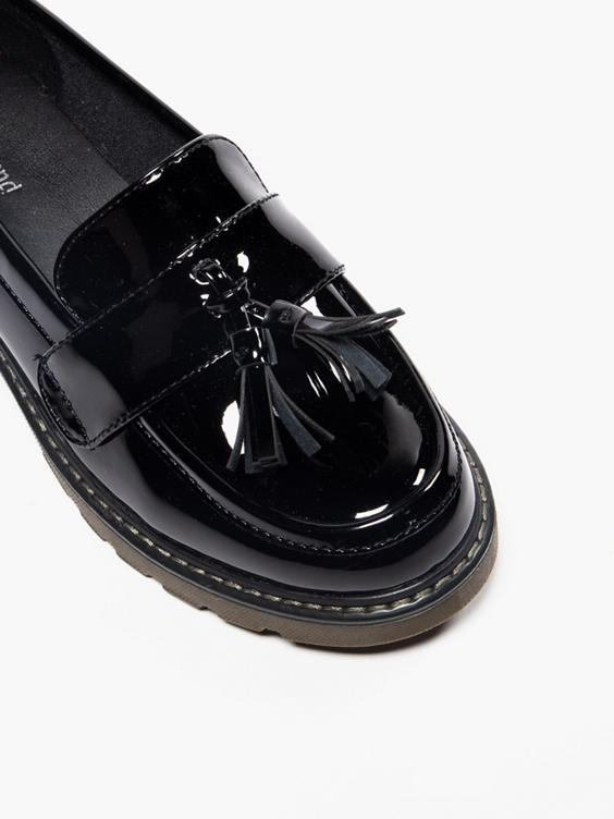 Ladies Black Chunky Patent Tassel Loafers