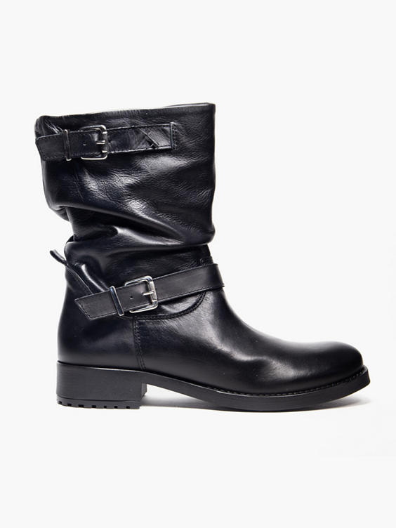 Black Buckle Detail Leather Boots