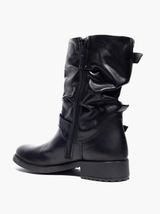 Black Buckle Detail Leather Boots