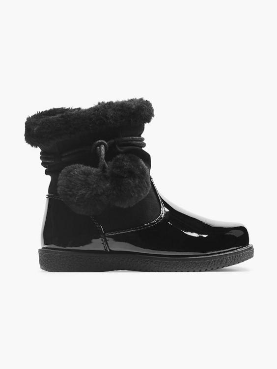 Toddler Girl Black Patent Ankle Boots with Faux Fur Pom-Poms