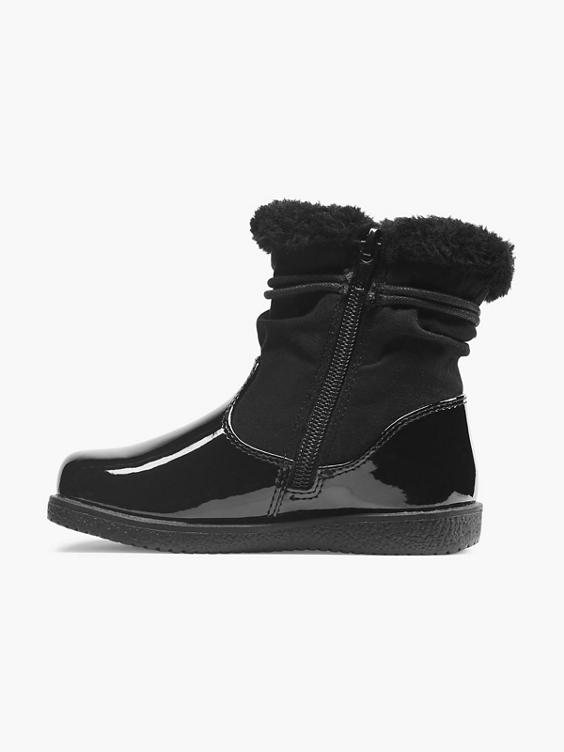 Toddler Girl Black Patent Ankle Boots with Faux Fur Pom-Poms