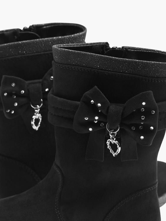 Toddler Girls Black Long Leg Boots with Bow and Gem Detailing