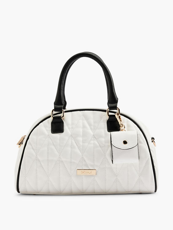 White Quilted Handbag with Contrasting Black Straps and Shoulder Strap