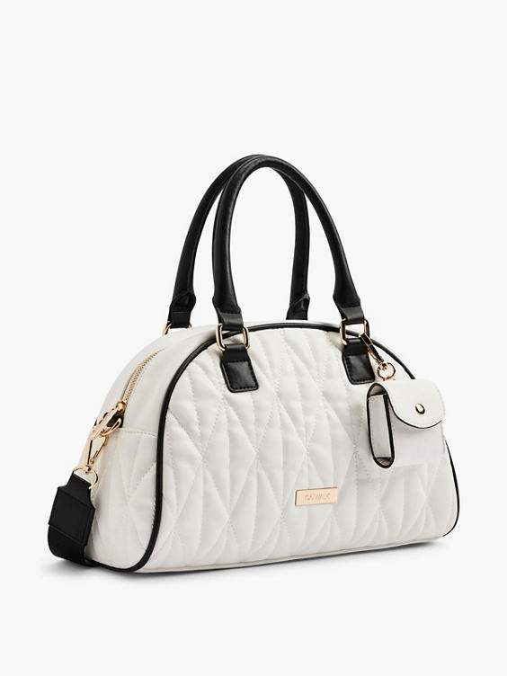 White Quilted Handbag with Contrasting Black Straps and Shoulder Strap