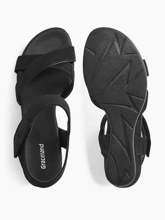 Black Touch Fasten Wedge Sandals