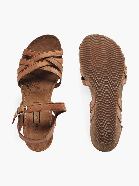 Cognac Leather Wedge Sandals