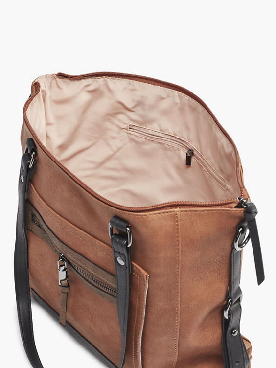 Brown and Black Zip Detail Shoulder Bag