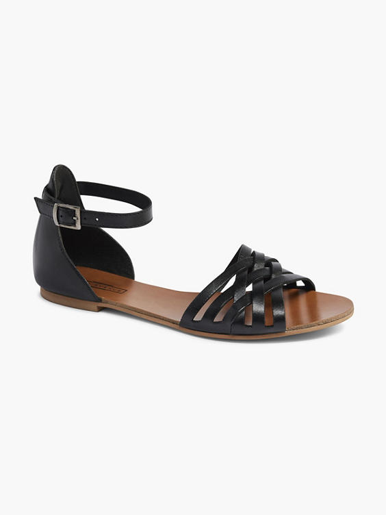 Black Leather Sandal With Woven Detail