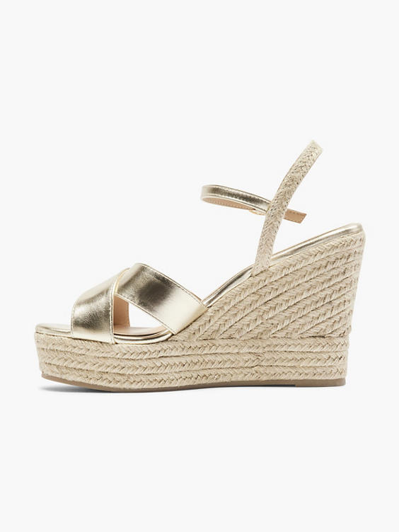 Gold Cross Strap Wedge Sandals 