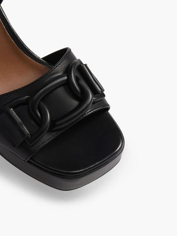 Black Chain Detail Leather Block Heel