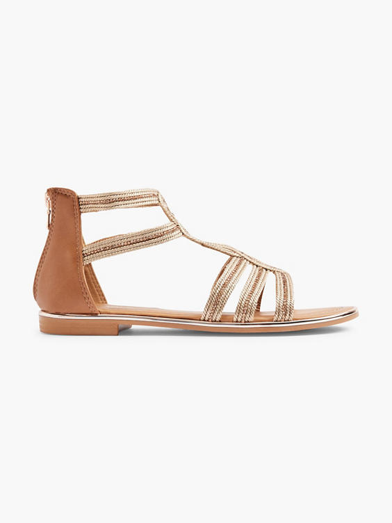 Brown Gladiator Sandals with Woven and Metallic Detail 