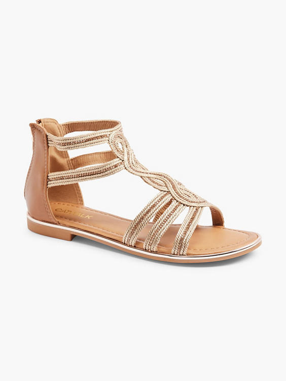 Brown Gladiator Sandals with Woven and Metallic Detail 