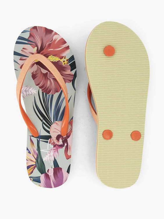 Koraalkleurige teenslipper bloemenprint